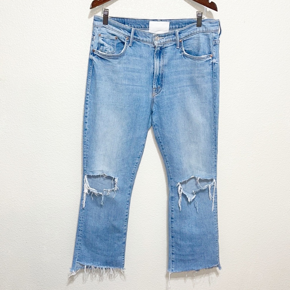 MOTHER Sky Blue Distressed Straight Jeans